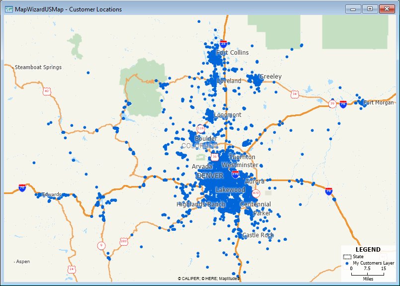Map with dots indicating the locations of customers