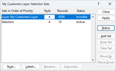 Selection settings dialog box with settings for the customers layer
