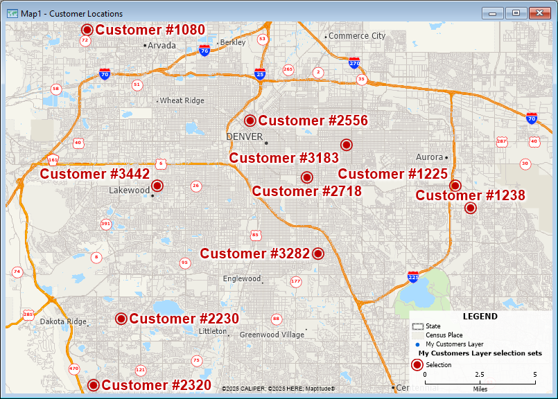 Customer locations map with selected records highlighted