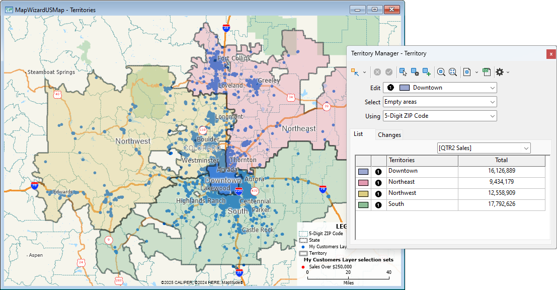 Territory Manager with colored map of territories