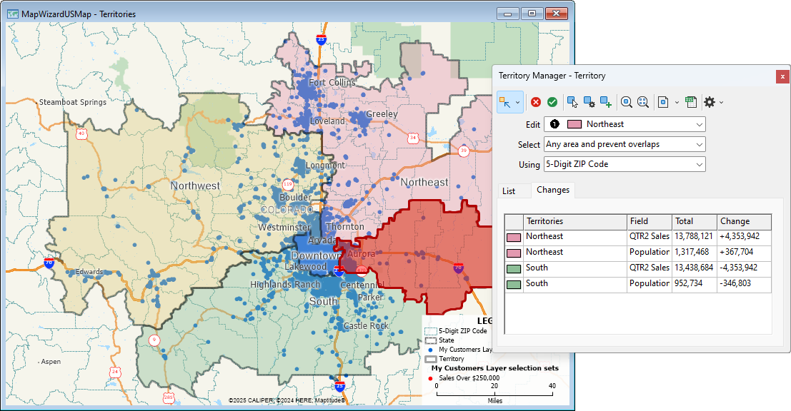 Territory Manager and map with areas selected to move from one territory to another
