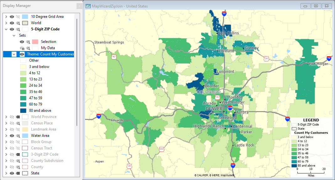 Map of ZIP Codes with a color theme indicating the number of customers in each ZIP Code