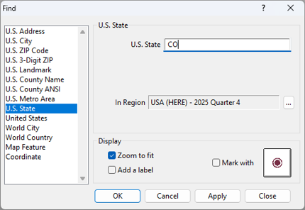 Find dialog with U.S. State