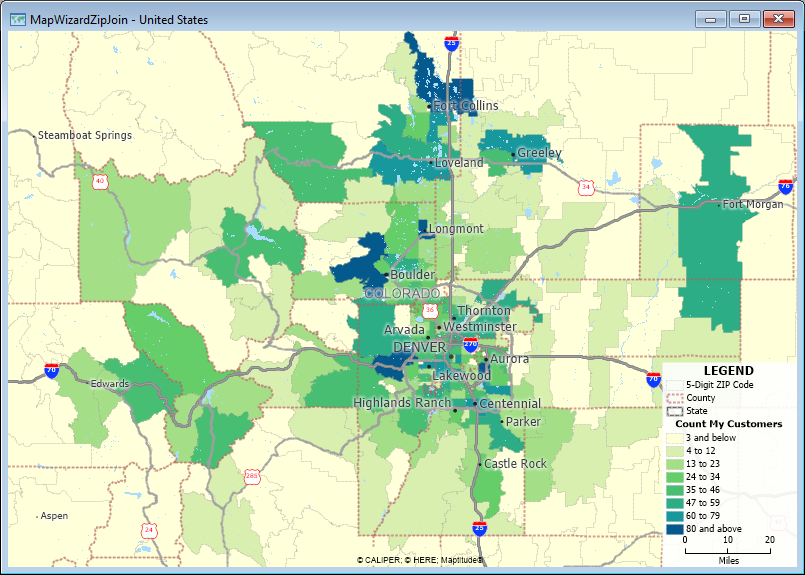Thematic map of Colorado customers by ZIP Code with county boundaries