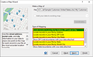 Create-a-Map Wizard pin mapping options