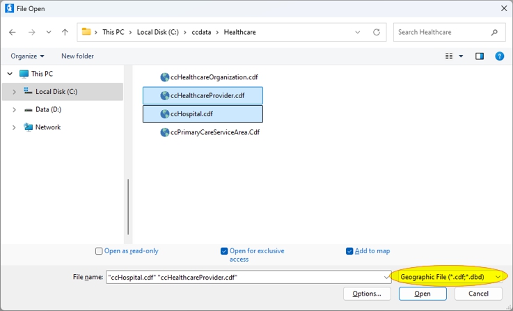 File Open dialog with geographic files