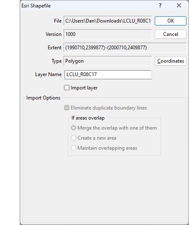 Esri Shapefile import dialog Dbox
