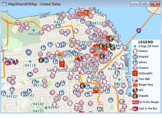 Map with various business icons
