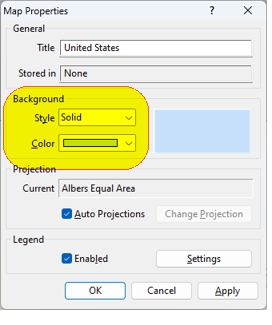 Map Properties background style dialog