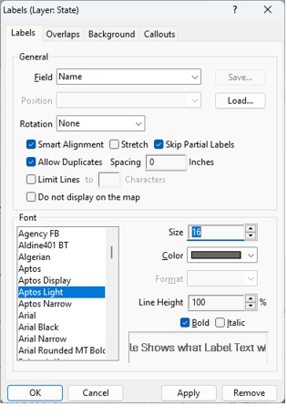 Labels dialog box with options