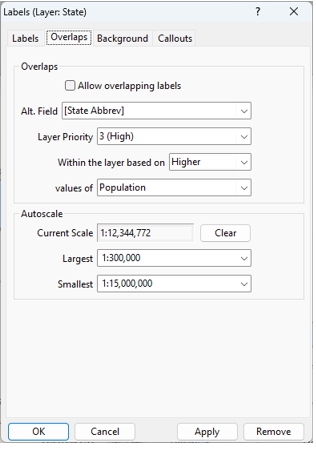 Labels dialog box Overlaps tab