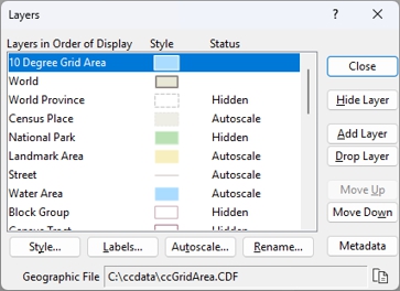 Layers dialog box with controls