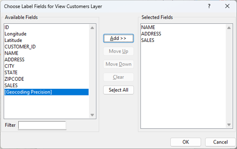 Choose label fields dialog box