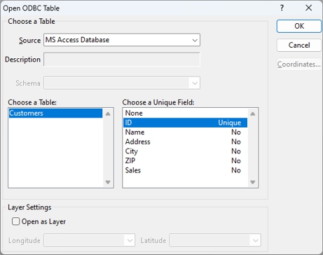Open ODBC Table dialog box