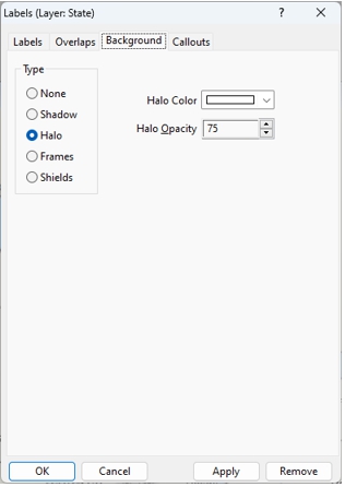 Labels dialog box Overlaps tab