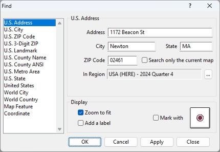 Find address dialog box