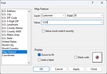 Find dialog box for searching for map features