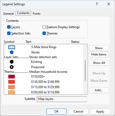 Legend Settings dialog box Contents tab