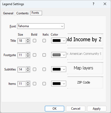 Legend Settings dialog box Fonts tab