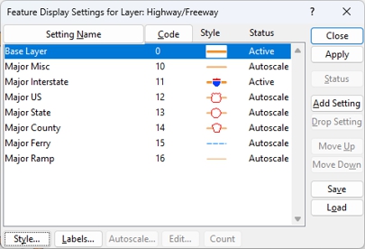Feature Display Settings dialog box