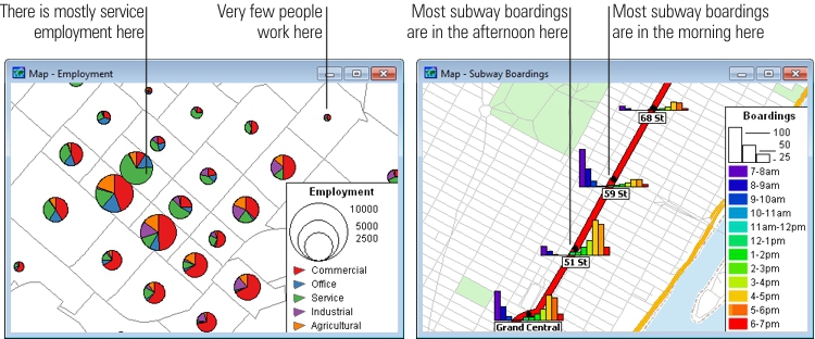 Examples of pie and bar chart thematic maps