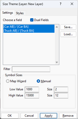 Size Theme Settings box Style tab for dual fields