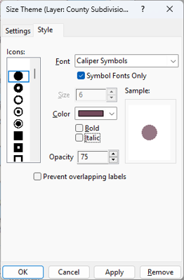 Size Theme settings dialog box Style tab