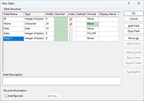 New Table Type dialog box