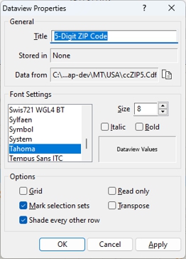 Dataview Properties dialog box