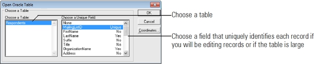 Open Oracle Table dialog box