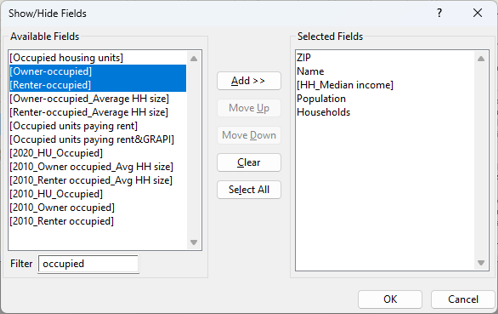 Show Hide Fields dialog Dbox