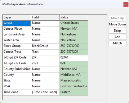 Multi-Layer Area Information dialog box