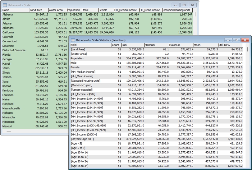 Dataview summary statistics window