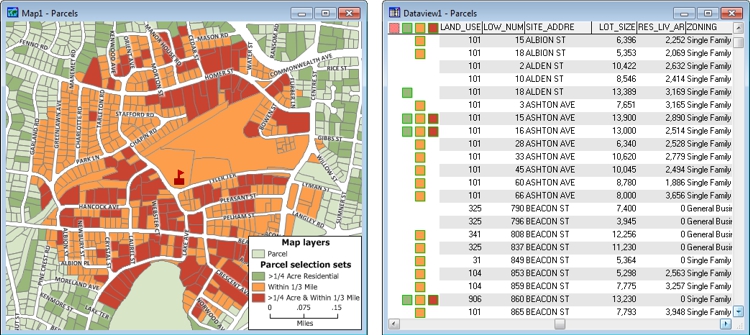 Parcels map and dataview showing different filtered selection sets