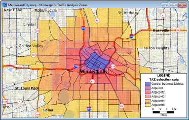 Map of areas selected based on level of adjacency