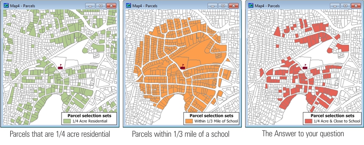 Three maps showing illustrating combining selection sets
