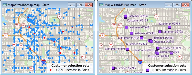 Maps showing customer selection sets highlighted in different ways