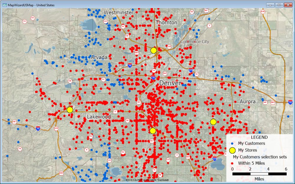 Customer locations within 5 miles of a store highlighted on a map