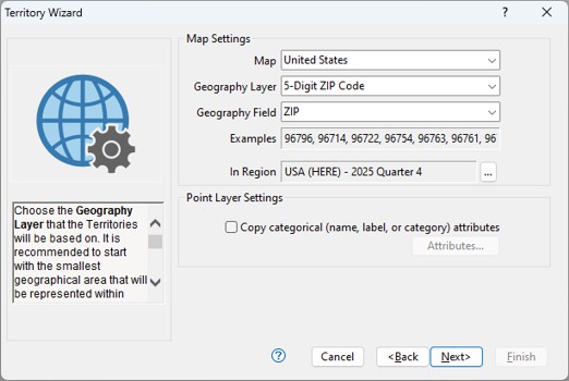 Territory Wizard map settings dialog box