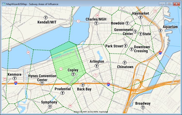 Map showing subway station areas of influence