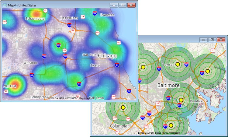Two maps illustrating Maptitude mapping software geographic analysis tools