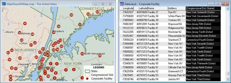 Map with points tagged by their congressional district