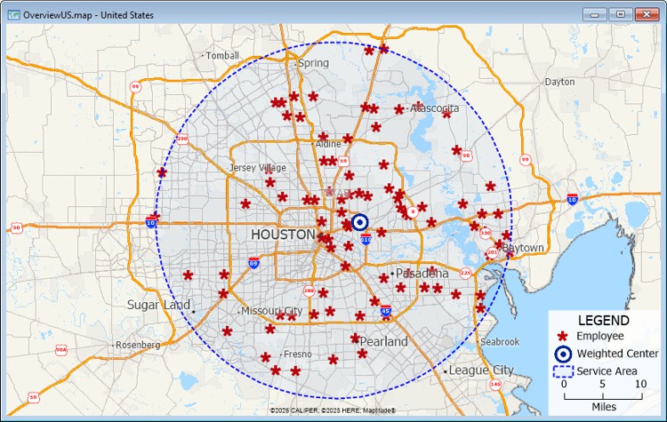 Map showing weighted center of point locations