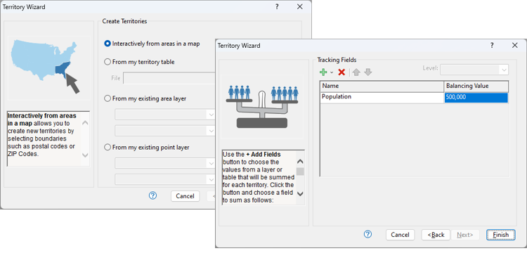 Territory Wizard dialog boxes