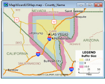Map showing inside and outside buffers on an area feature in a map