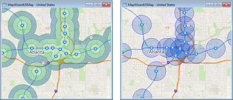 Maps comparing merged and separate buffers around point features in a map