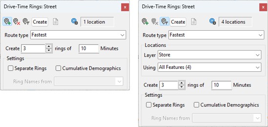 Drive-Time Rings dialog boxes