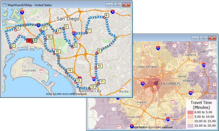 Delivery route map that services multiple stops and drive-time rings around locations on a map