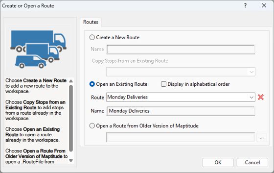 Create or Open Route dialog box