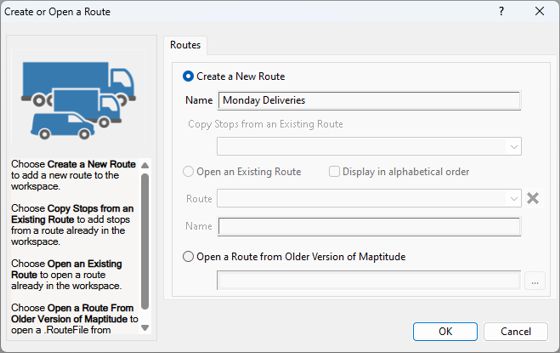 Create or Open Route dialog box